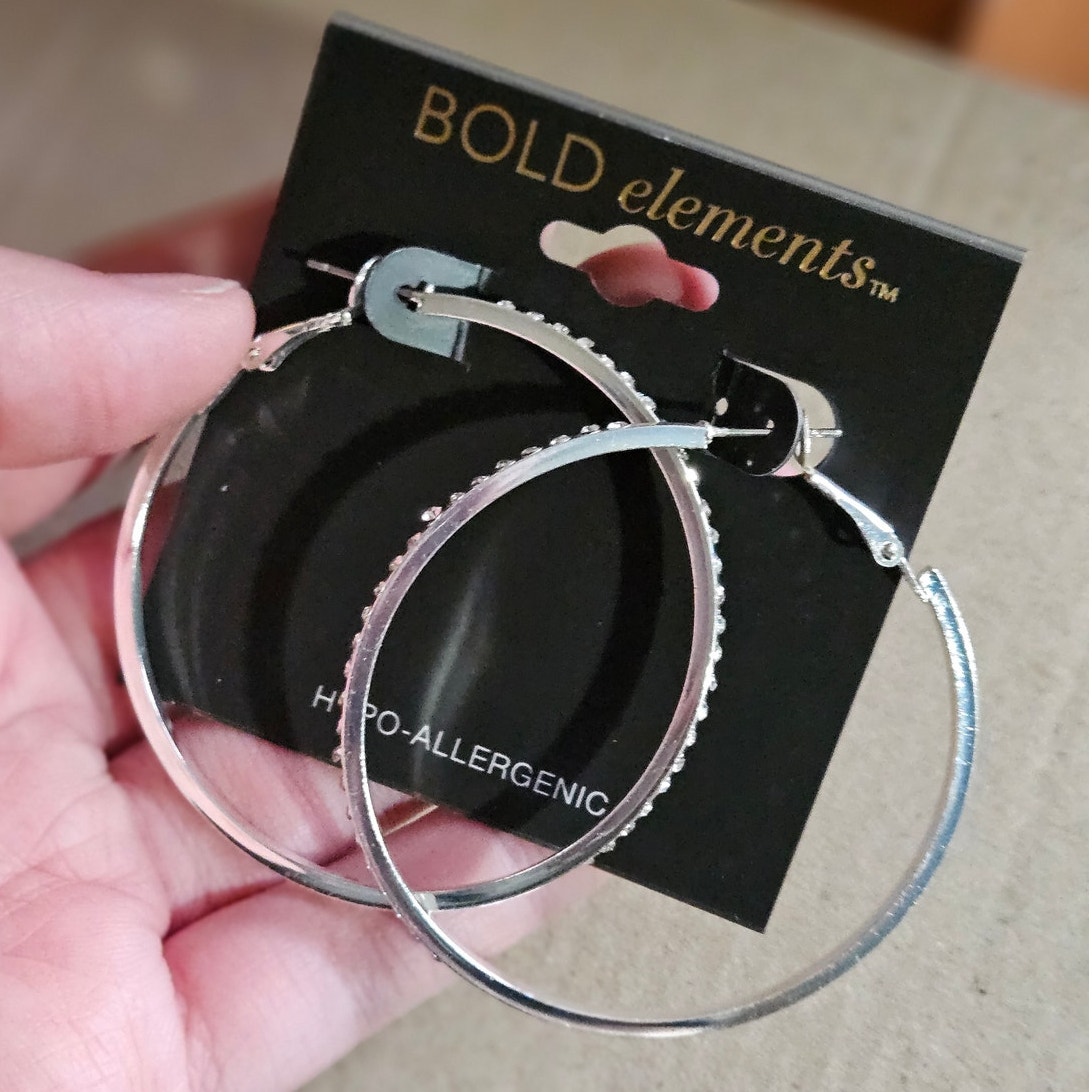 Bold Elements Crystal Inlay Silver-Tone Mixed Metal Hoop Earrings